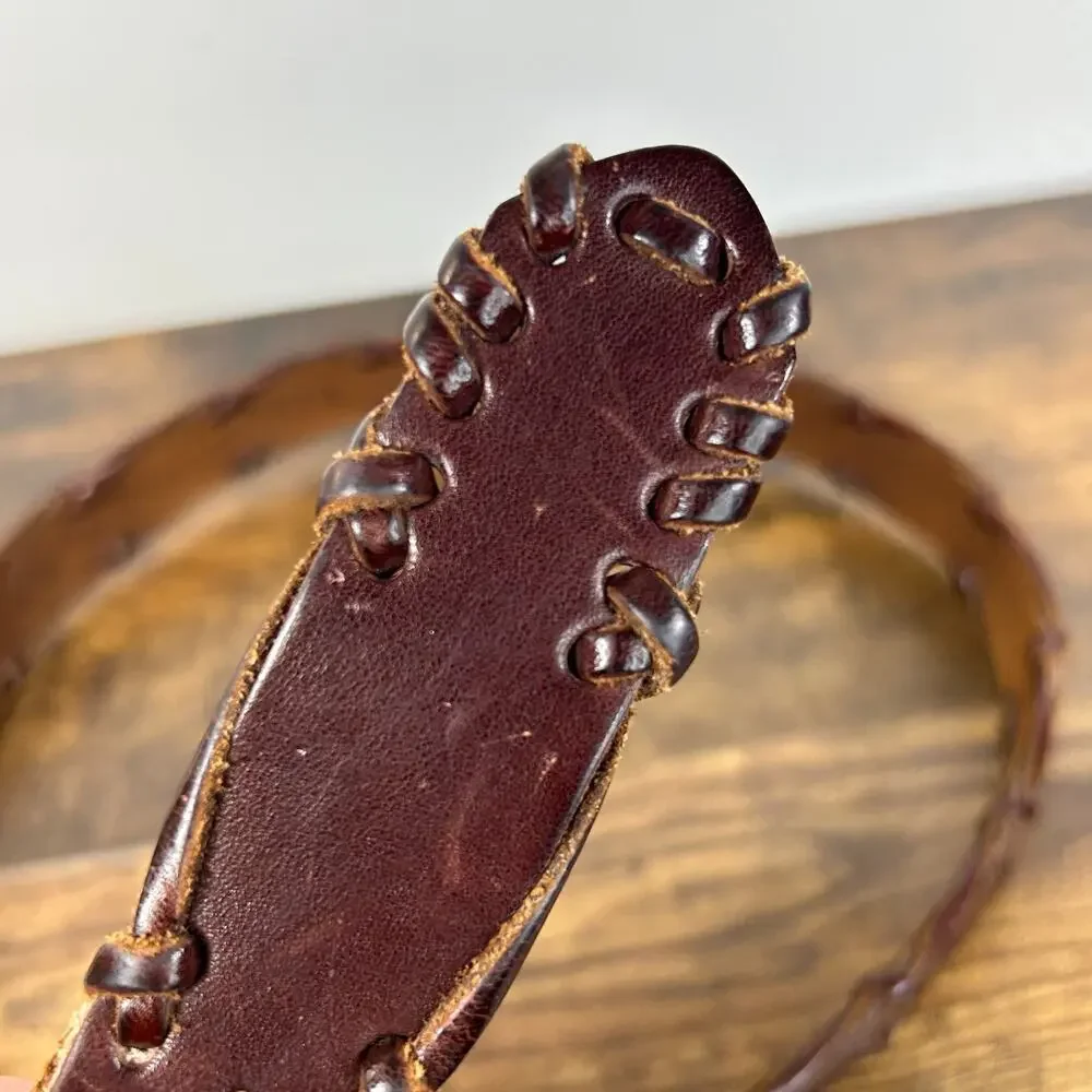REI Brown Leather Belt Solid Silver Buckle Mens 36 Distressed Wrap Braid Detail